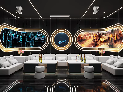 Modern KTV Interior With Circular LED Lights Comfortable Sofa Seating And Tables 3d model