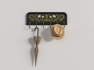 Wall Mounted Hook Rack Black With Gold Floral Patterns For Hanging Umbrella And Straw Hat 3d model