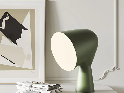 Modern Green Table Lamp With Geometric Art Print And Stack Of Newspapers In Minimalist Interior 3d model