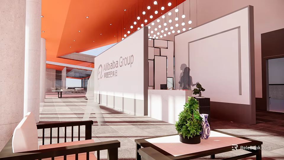 Indiabulls Group Reception Area with Orange Ceiling White Walls Front Desk Plants and Pendant Lights 3d model 