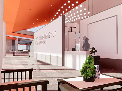 Indiabulls Group Reception Area with Orange Ceiling White Walls Front Desk Plants and Pendant Lights 3d model