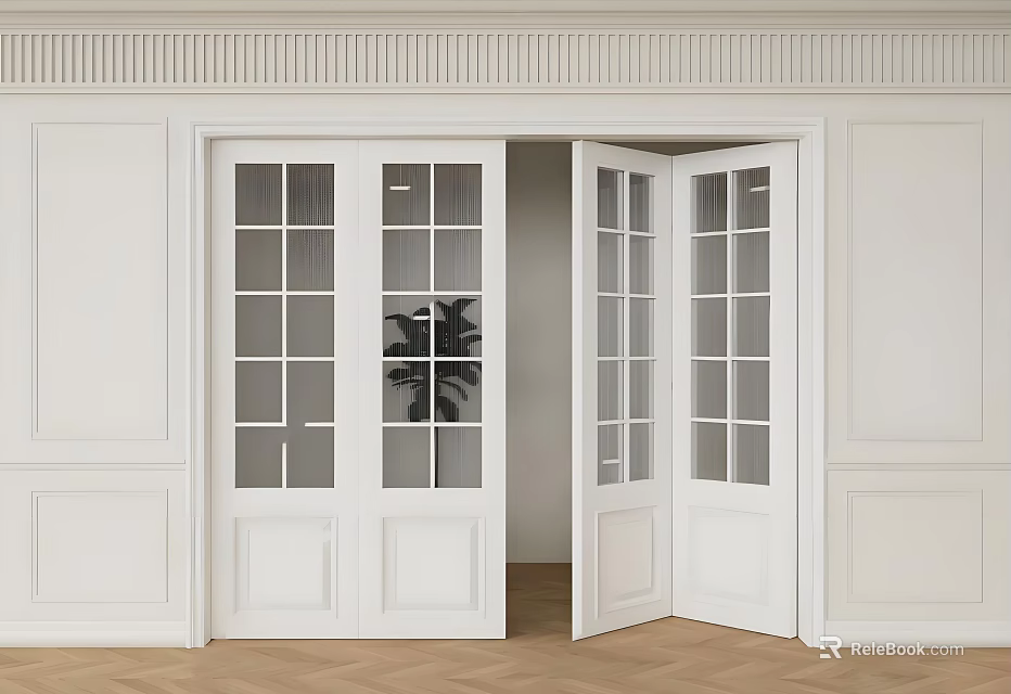 White Folding Doors With Glass Panels In Modern Interior Design 3d model