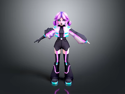 3D Cartoon Character With Purple Pink Hair Black Outfit And Neon Glowing Accents 3d model