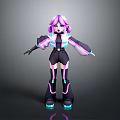 3D Cartoon Character With Purple Pink Hair Black Outfit And Neon Glowing Accents