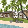 Beachfront Villas Surrounded by Palm Trees with Sun Loungers Boats and Ocean View