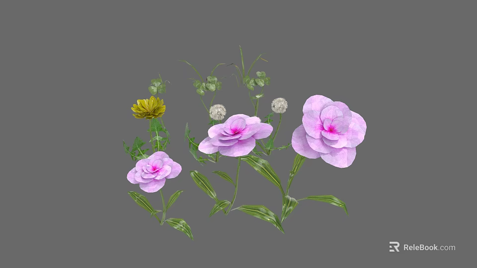 Pink And Yellow Flowers With White Dandelion Like Blooms Green Leaves Stems On Gray Background 3d model 