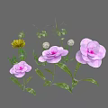Pink And Yellow Flowers With White Dandelion Like Blooms Green Leaves Stems On Gray Background