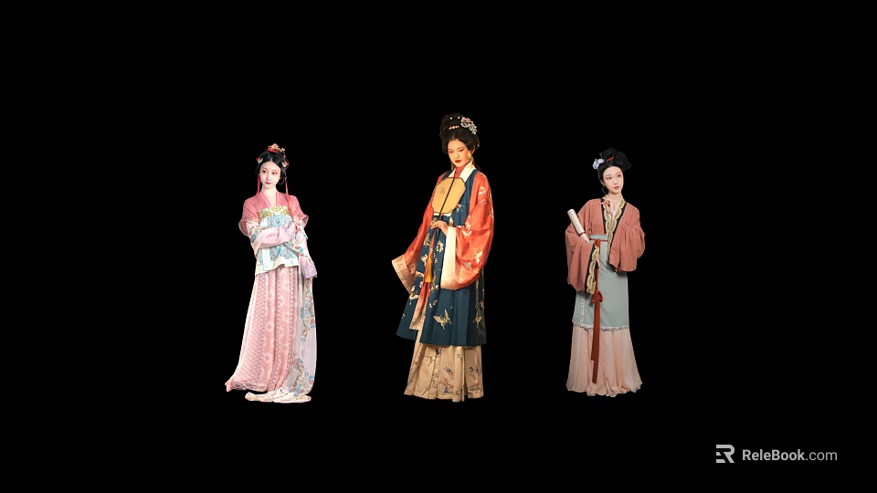 Three Women in Traditional Chinese Classical Costumes with Elegant Dresses and Headpieces 3d model 