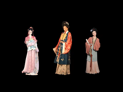 Three Women in Traditional Chinese Classical Costumes with Elegant Dresses and Headpieces 3d model