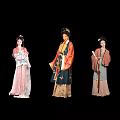 Three Women in Traditional Chinese Classical Costumes with Elegant Dresses and Headpieces