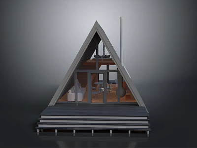 Triangle Shaped House Exterior Design With Wooden Deck And Large Windows 3d model