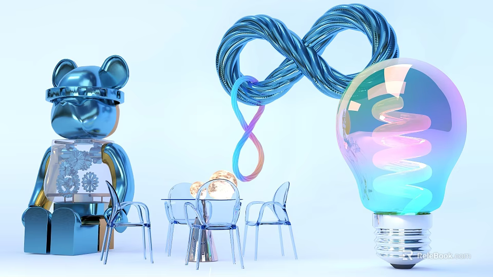 Vibrant Photo Spot With Blue Bear Doll Infinity Symbol Transparent Furniture And Colorful Light Bulb 3d model 