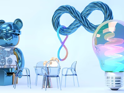 Vibrant Photo Spot With Blue Bear Doll Infinity Symbol Transparent Furniture And Colorful Light Bulb 3d model