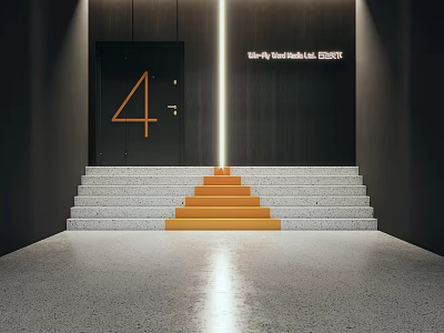 Vanity Fair Headquarters Reception Area With Black Wall Golden Number 4 And Gray Orange Steps 3d model