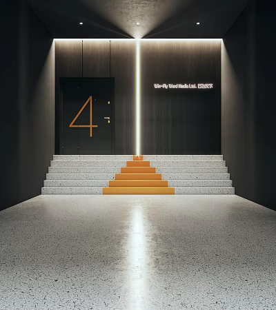 Vanity Fair Headquarters Reception Area With Black Wall Golden Number 4 And Gray Orange Steps 3d model