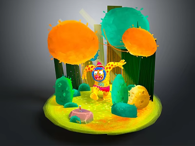 Cartoon Scene With Colorful Character Green Orange Trees Small Plants Pink Stone And Yellow Ground 3d model