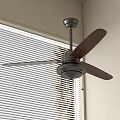 Classic Ceiling Fan With Wooden Blades In Room With Window Blinds