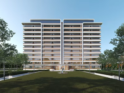Modern High Rise Residential Building With Landscaped Lawn And Surrounding Trees 3d model