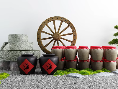 Traditional Courtyard Garden With Wooden Wheel Stone Stacks Red Lidded Ceramic Jars And Mossy Gravel 3d model