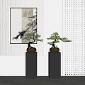 Bonsai Plants Displayed on Black Pedestals with Modern Interior Wall Painting and Perforated Screen