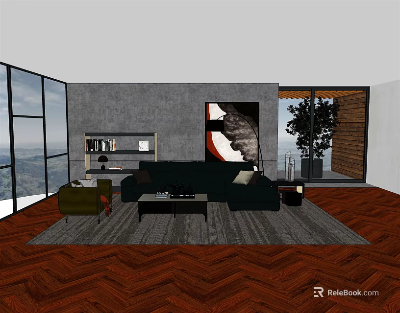 Modern Living Room Sofa Coffee Table Set With Gray Carpet And Large Windows 3d model