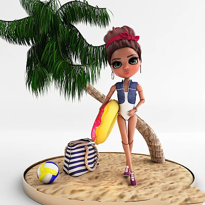 Beach Scene With Doll Palm Tree Striped Bag Yellow Float And Beach Ball 3d model