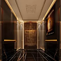 Elegant Elevator Lobby Design With Decorative Mural Dark Striped Walls And Marble Floor 3d model