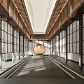 Clubhouse Long Corridor With Wooden Structure Lattice Windows White Walls And Ceiling Lights