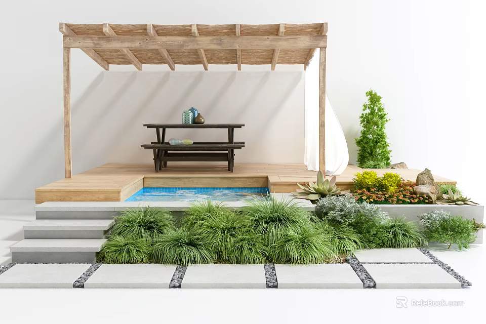 Garden Pavilion With Wooden Structure Bench Table Pool Green Plants And Stone Pathway 3d model 