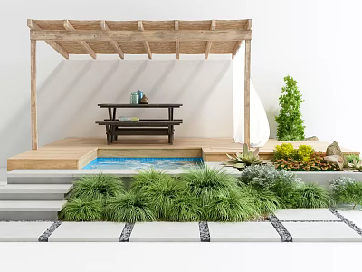Garden Pavilion With Wooden Structure Bench Table Pool Green Plants And Stone Pathway 3d model