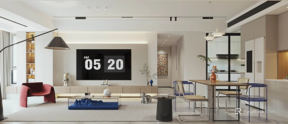 Modern Living And Dining Room Interior With TV Wall Dining Table And Decorative Elements 3d model