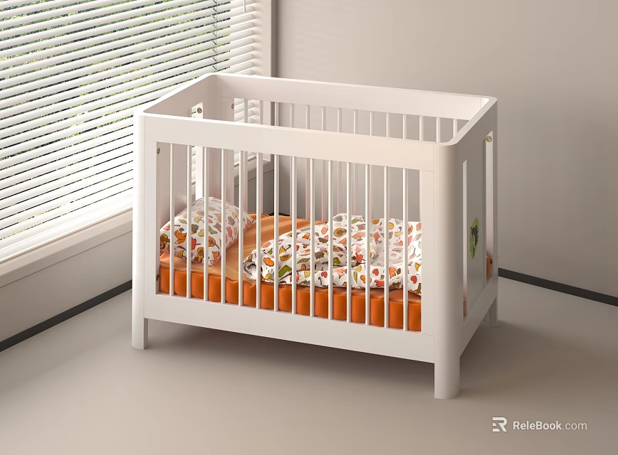 White Baby Bed with Floral Sheets in Light Room Near Window with Blinds 3d model 