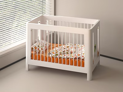 White Baby Bed with Floral Sheets in Light Room Near Window with Blinds 3d model