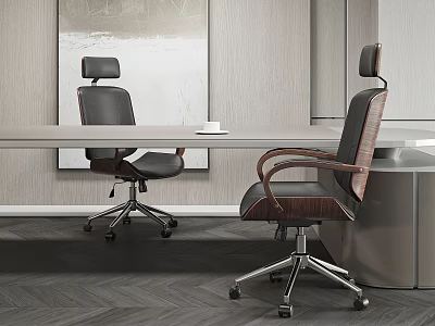 Modern Comfortable Office Chairs With Leather Seats Wooden Armrests And Swivel Wheels 3d model
