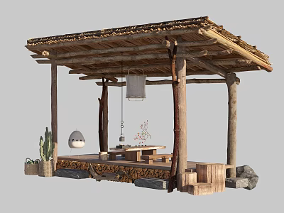 Rustic Garden Pavilion With Thatched Roof Wooden Benches Small Table Cactus Plants And Stone Decor 3d model