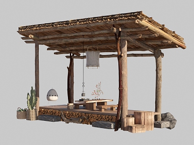 thatched cottage thatched roof eaves stove tea-making camping style homestay wooden house wooden shed 3d model