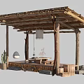 Rustic Garden Pavilion With Thatched Roof Wooden Benches Small Table Cactus Plants And Stone Decor