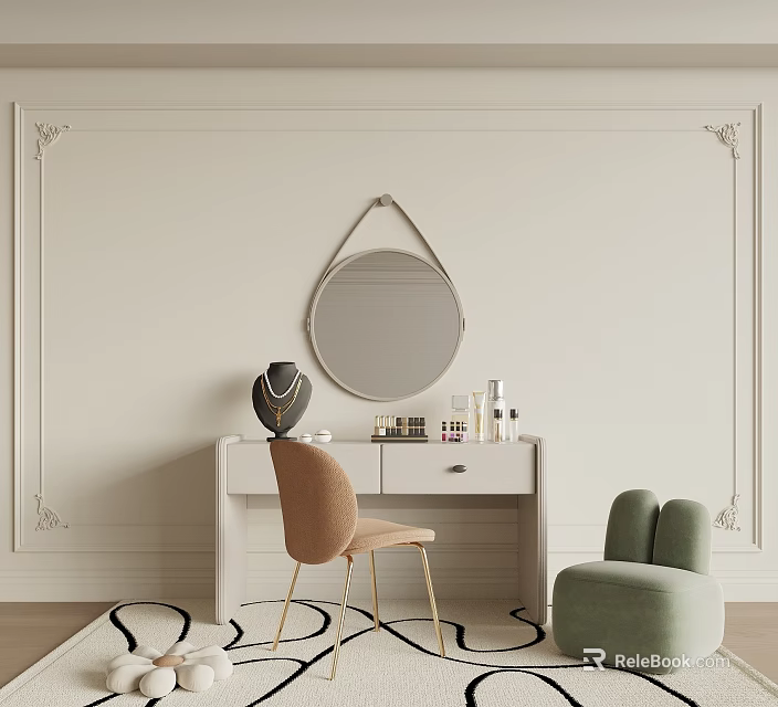 Elegant Dressing Table Interior With Round Mirror Brown Chair And Green Stool 3d model