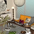 Minimalist Study Room Interior With Cozy Sofa Wooden Coffee Table Lamp Bookshelf And Green Plants