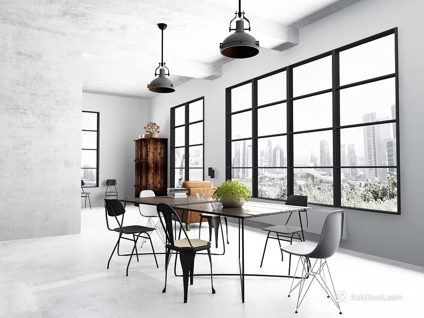 Modern Meeting Room With Large Windows City View Long Table Chairs And Pendant Lights 3d model 