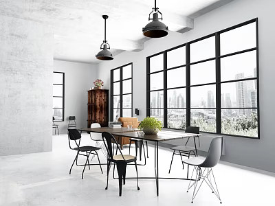 Modern Meeting Room With Large Windows City View Long Table Chairs And Pendant Lights 3d model