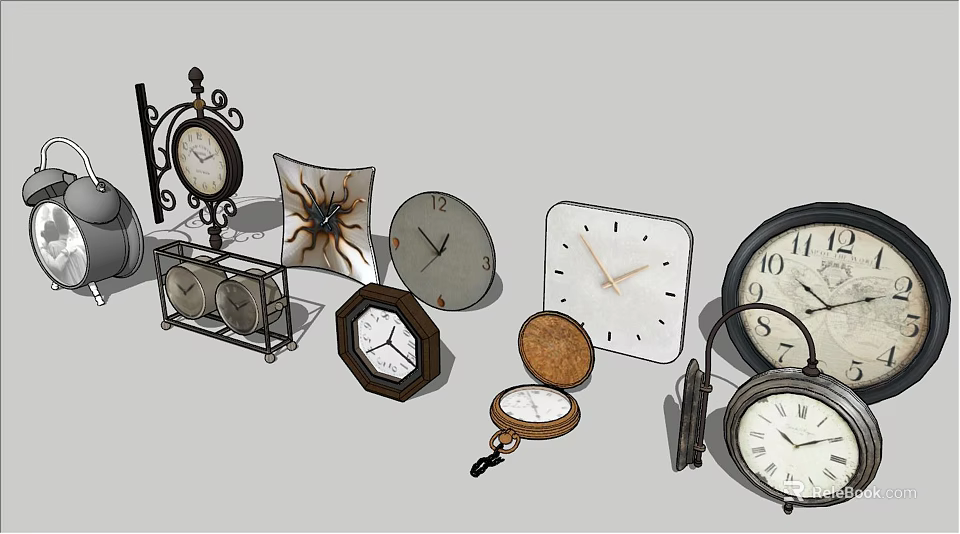 Various Types Of Clocks Including Wall Table Pocket Watches With Different Shapes And Designs 3d model 