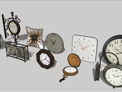 Various Types Of Clocks Including Wall Table Pocket Watches With Different Shapes And Designs 3d model