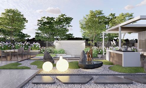 Modern courtyard garden flowers and plants outdoor table and chair porch frame pavilion swing courtyard water wall 3d model