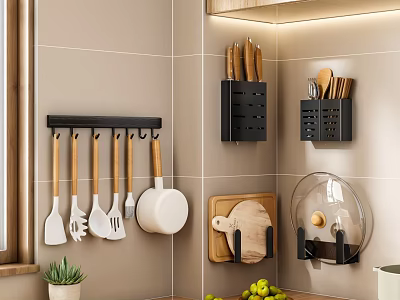Wall Mounted Kitchen Storage Racks With Hanging Utensils Cutting Board And Pot Lids 3d model