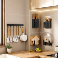 Wall Mounted Kitchen Storage Racks With Hanging Utensils Cutting Board And Pot Lids 3d model