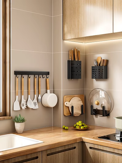 Wall Mounted Kitchen Storage Racks With Hanging Utensils Cutting Board And Pot Lids 3d model