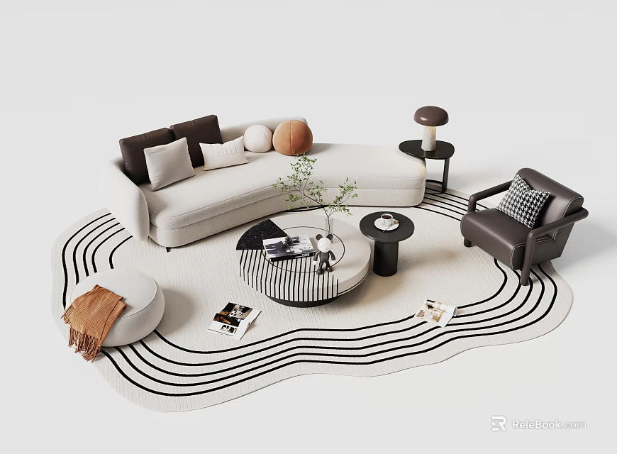 Modern Living Room Sofa and Coffee Table Set With Pillows Striped Rug Armchair and Plant 3d model 