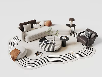 Modern Living Room Sofa and Coffee Table Set With Pillows Striped Rug Armchair and Plant 3d model