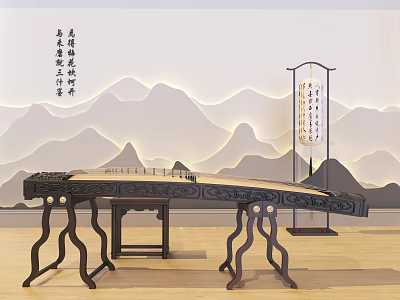 Traditional Chinese Musical Instrument And Art Supplies Featuring Guzheng And Calligraphy Scroll 3d model